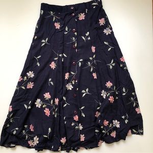 Vintage 90s Petite Sophisticate Long Navy Floral Button Elastic Skirt - S
